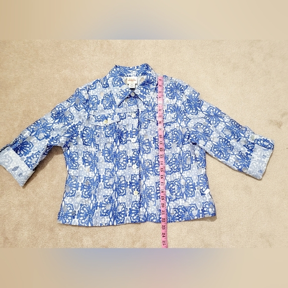 Ruby Rd Favorites Floral Sheer Button-Up Jacket Roll-Tab Sleeve Women’s 16P Blue - Picture 6 of 11